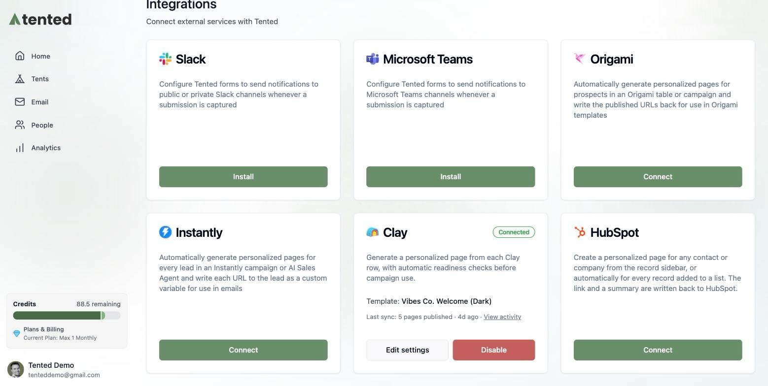 The Integrations page with the HubSpot tile and its Connect button.