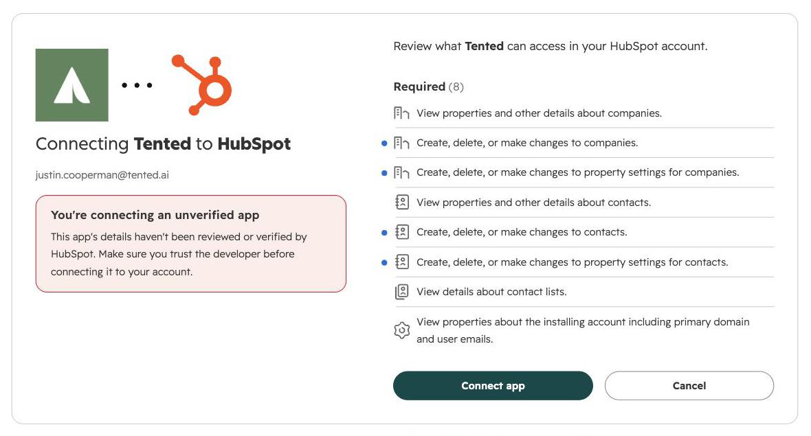HubSpot's consent screen listing what Tented can access.