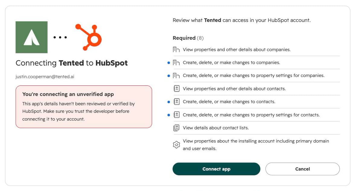HubSpot's consent screen listing what Tented can access.