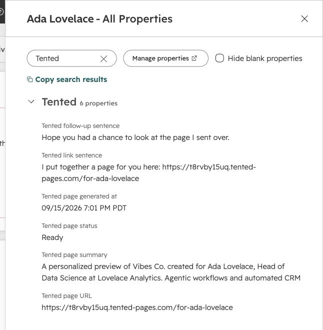 The six Tented properties on a contact record after a page is written back.