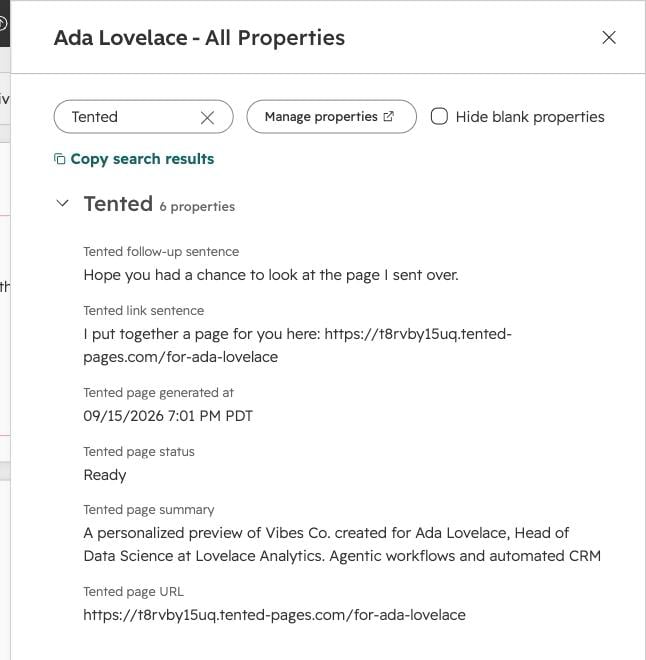 The six Tented properties on a contact record after a page is written back.