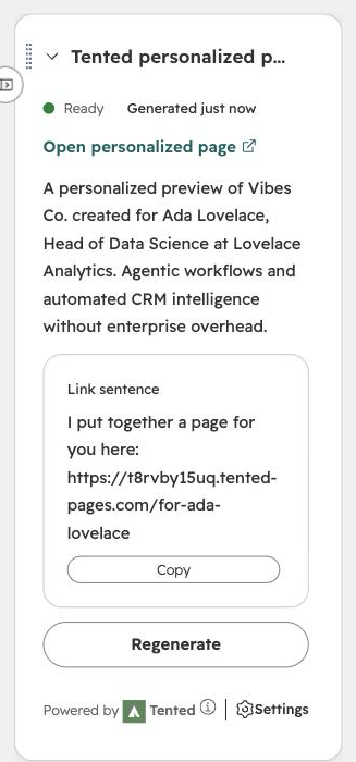 The card once the page is ready: link, summary, and the link sentence to copy.