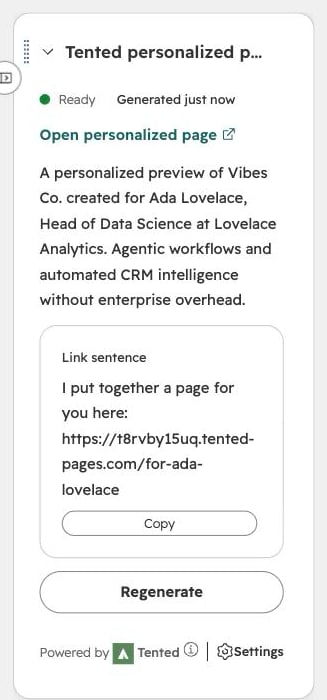The card once the page is ready: link, summary, and the link sentence to copy.