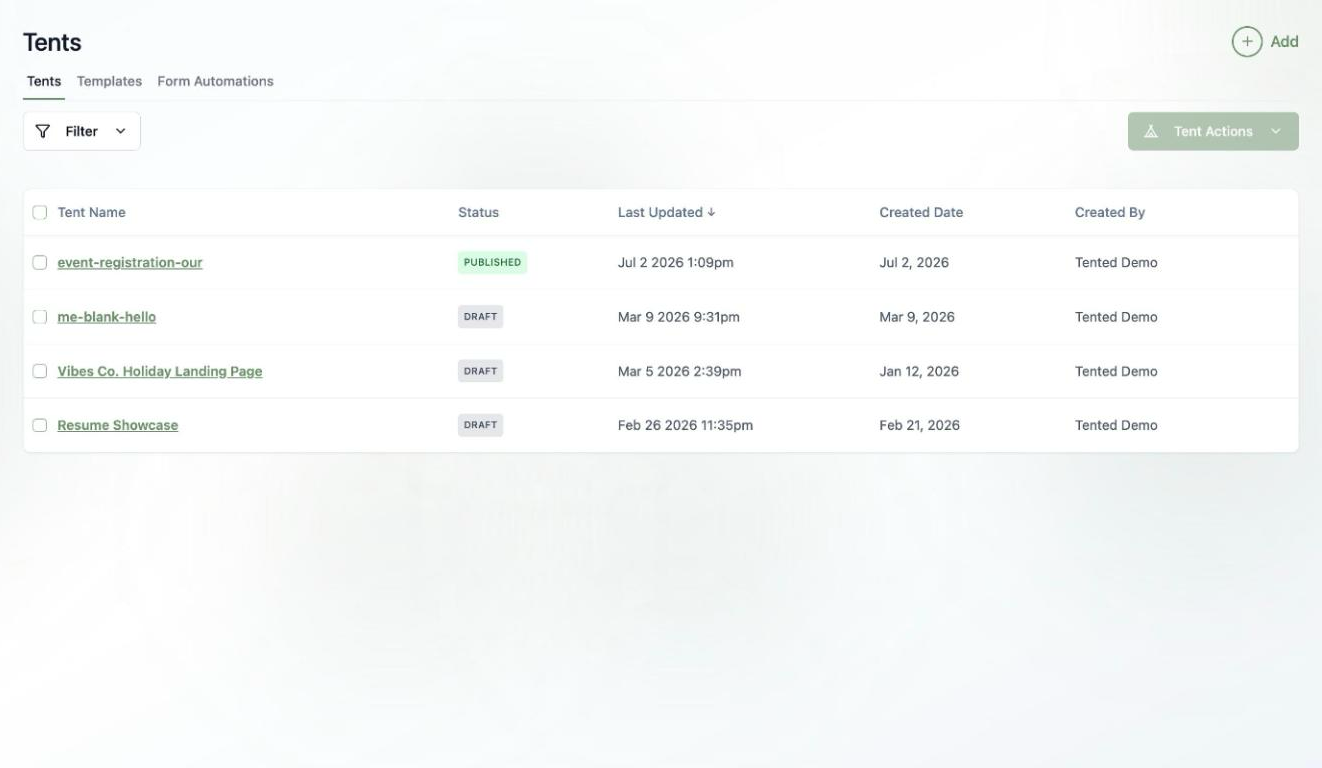 A screenshot of the Tents page.