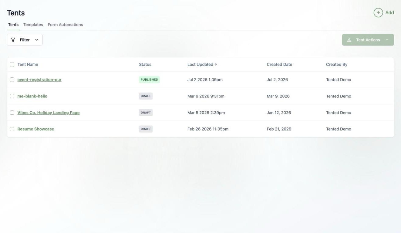 A screenshot of the Tents page.