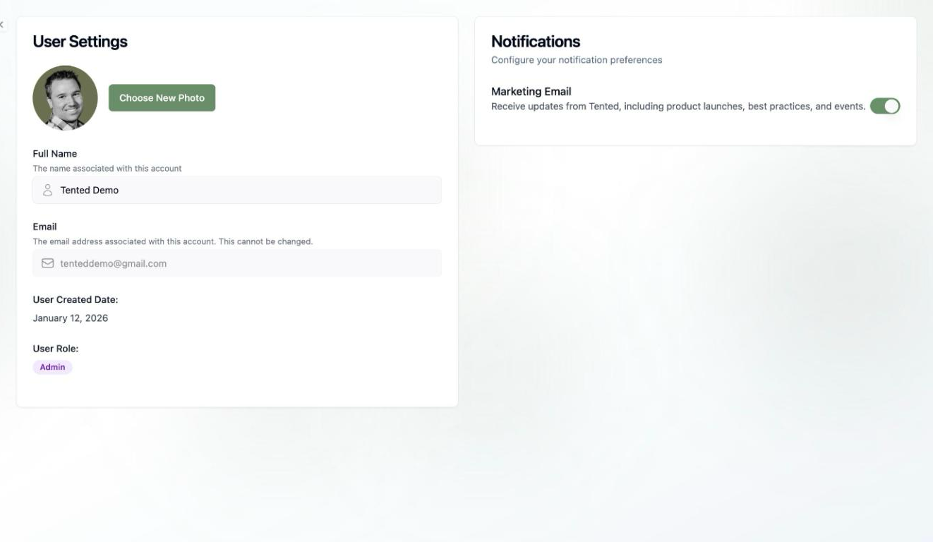 A screenshot of the User Settings page with profile photo, full name, email, created date, role badge, and a Notifications panel.