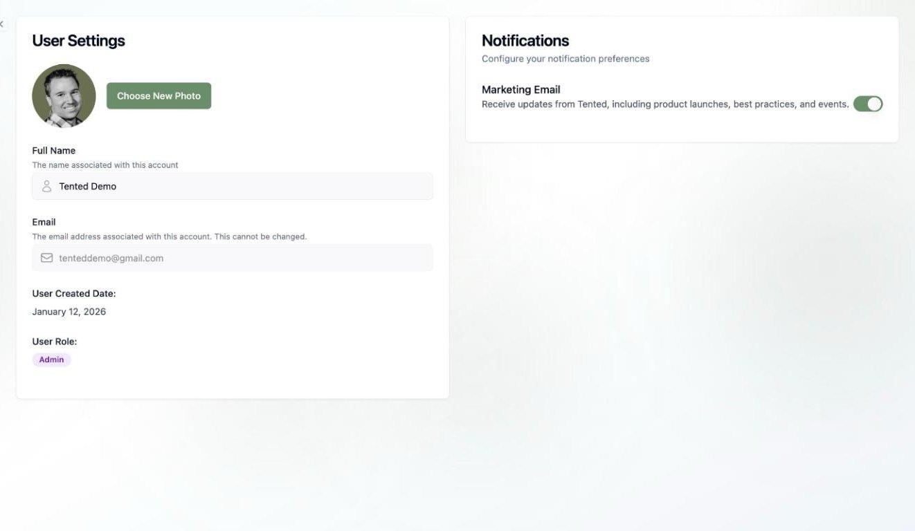 A screenshot of the User Settings page with profile photo, full name, email, created date, role badge, and a Notifications panel.