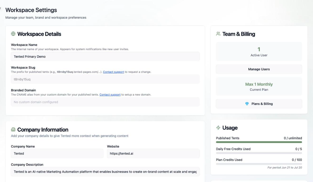 A screenshot of the Workspace Settings page showing Workspace Details, Company Information, Team & Billing, and Usage sections.