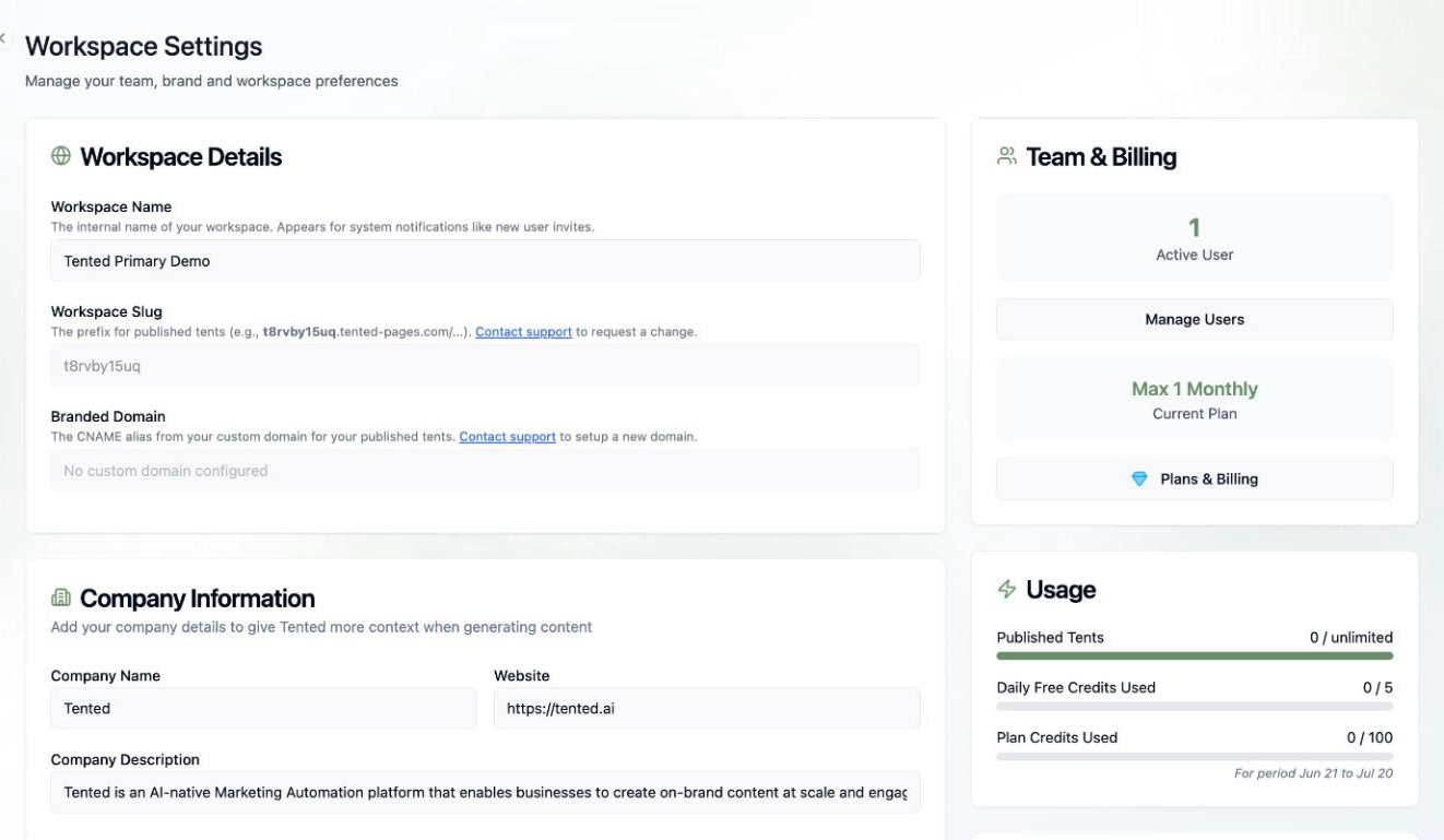 A screenshot of the Workspace Settings page showing Workspace Details, Company Information, Team & Billing, and Usage sections.