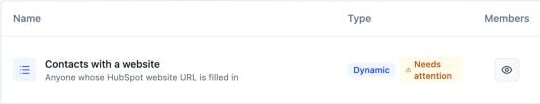 A dynamic list whose rule used a removed HubSpot field, marked Needs attention in the lists table.