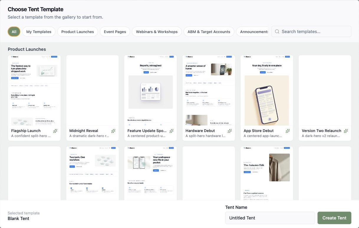 A screenshot of the Choose Tent Template gallery showing category filters, search, and rows of example landing page templates all rendered with the workspace's branding.