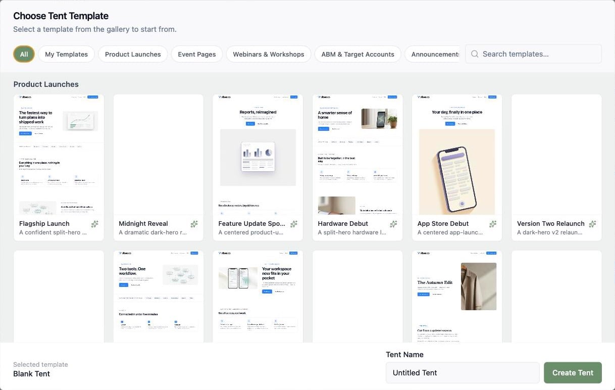 A screenshot of the Choose Tent Template gallery showing category filters, search, and rows of example landing page templates all rendered with the workspace's branding.