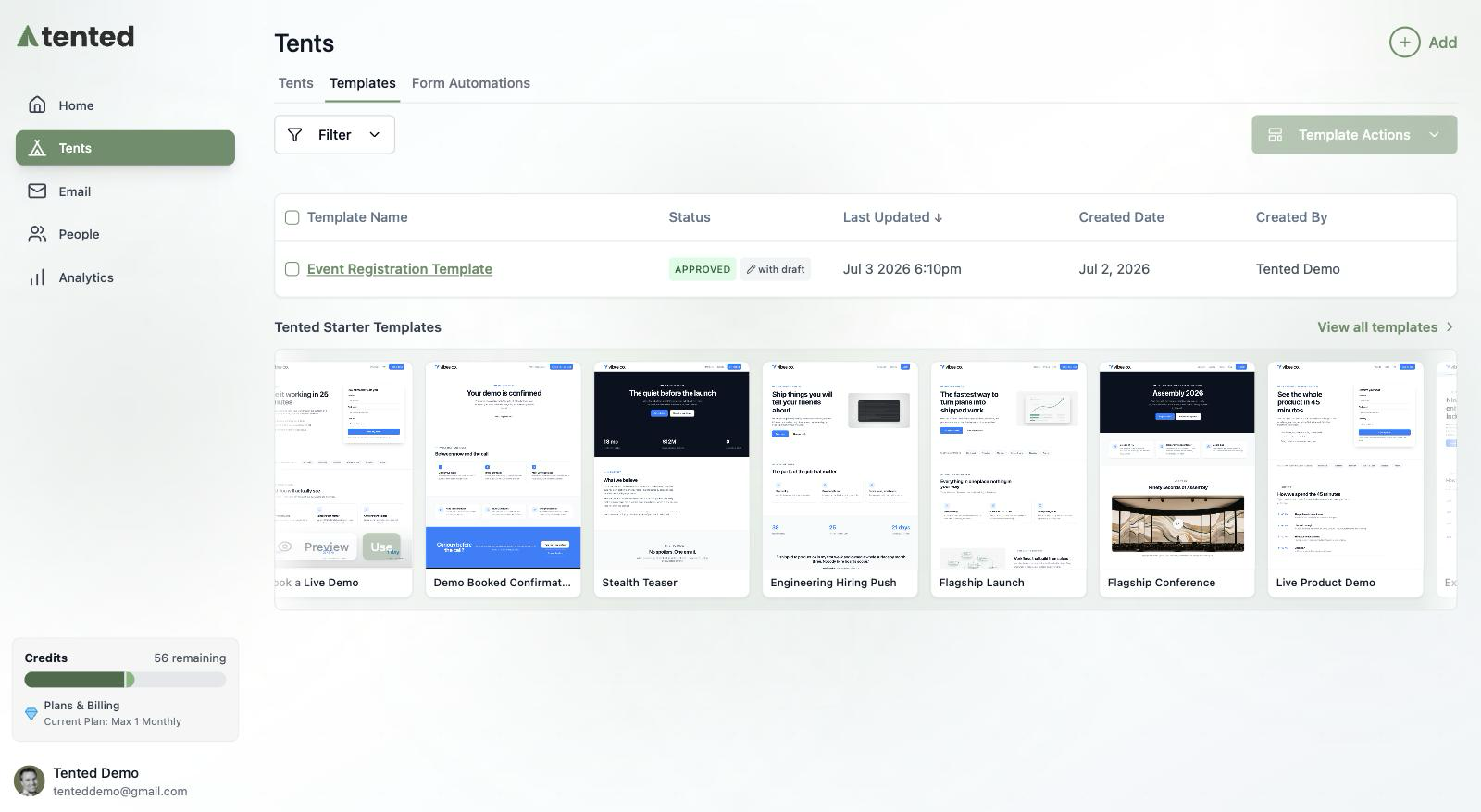 A screenshot of the Tent Templates tab showing the Tented Starter Templates row rendered in the workspace's Vibes Co. branding, with Preview and Use buttons on the hovered card.