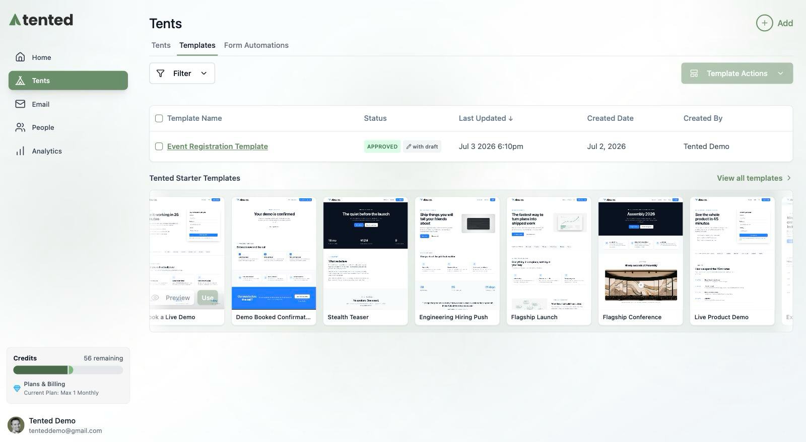 A screenshot of the Tent Templates tab showing the Tented Starter Templates row rendered in the workspace's Vibes Co. branding, with Preview and Use buttons on the hovered card.