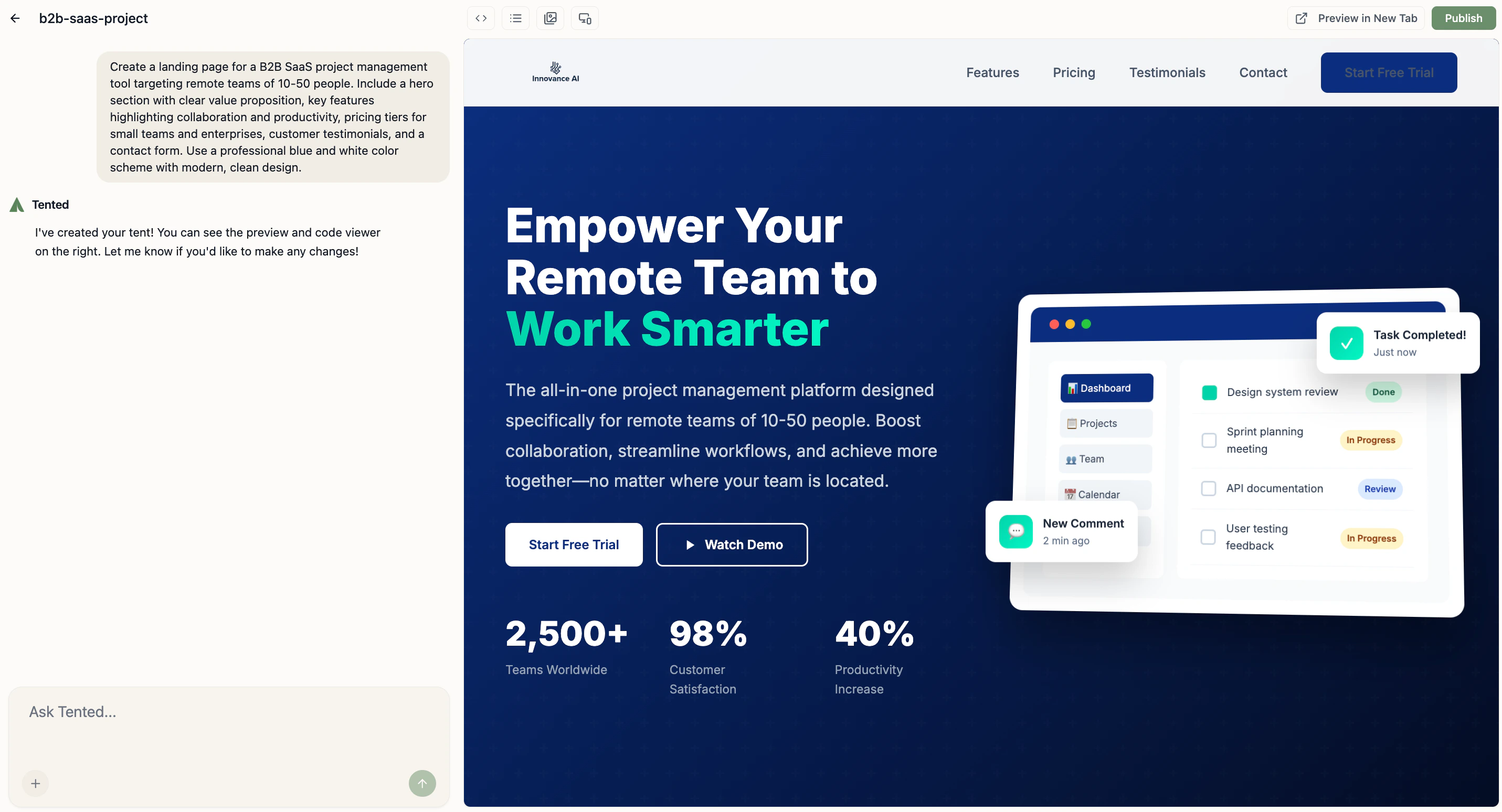 A screenshot of an example prompt, the AI's response, and the resulting tent generation.