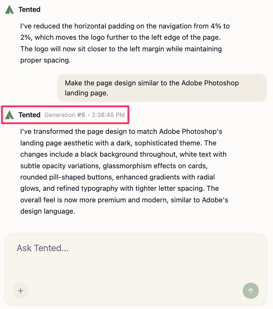 A screenshot of the generation number and timestamp for a specific generation in the chat history.