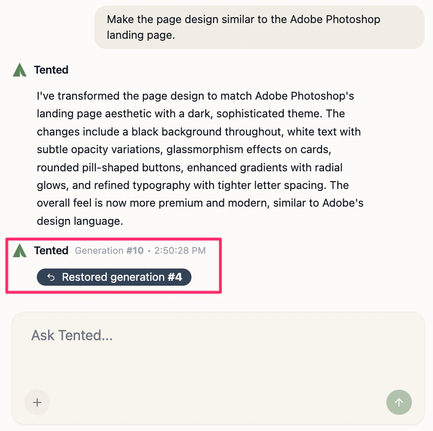 The confirmation message for a reverted tent. The new generation number and timestamp are highlighted in the chat history.