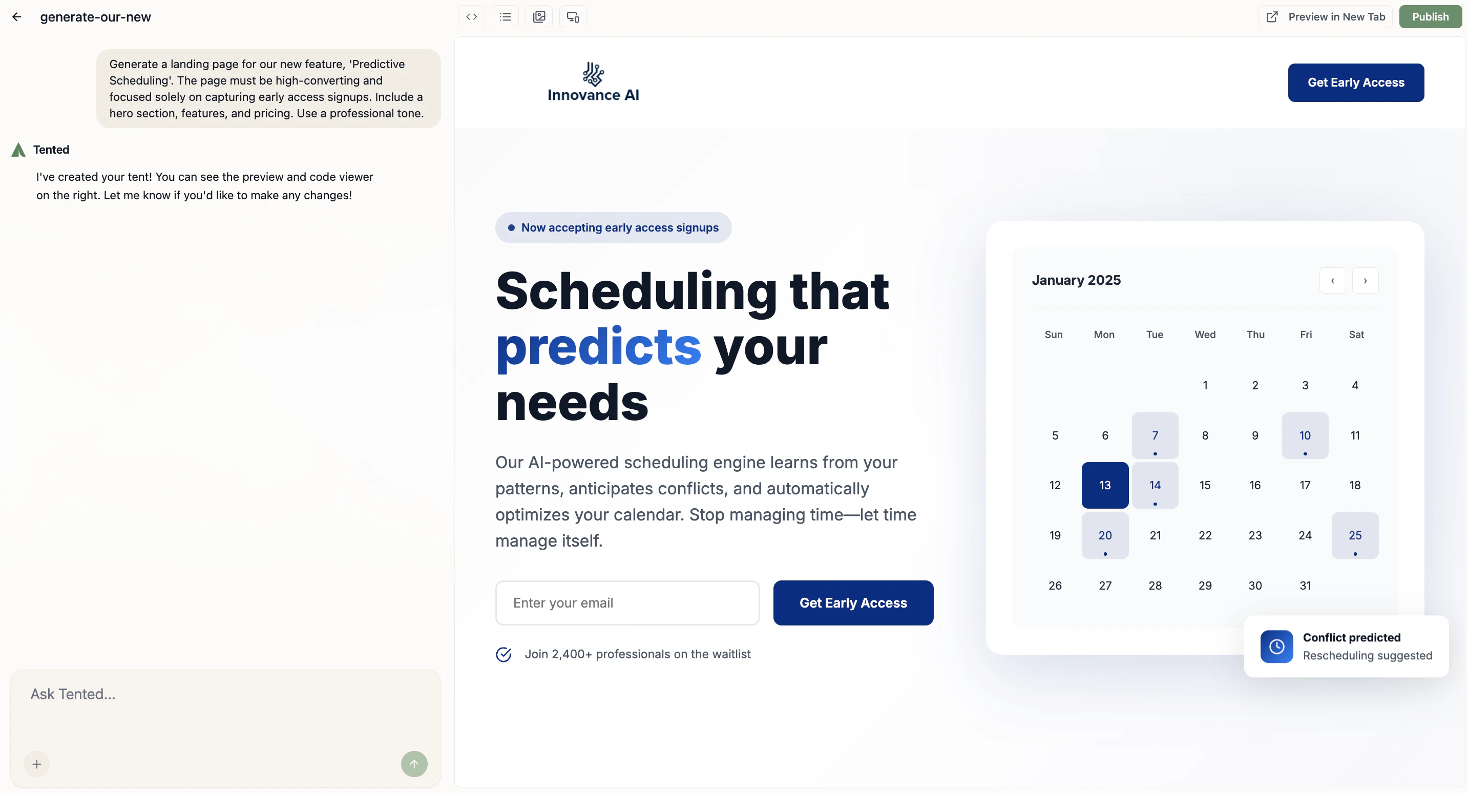 A screenshot of the tent editor with the chat interface on the left and a new tent preview on the right.