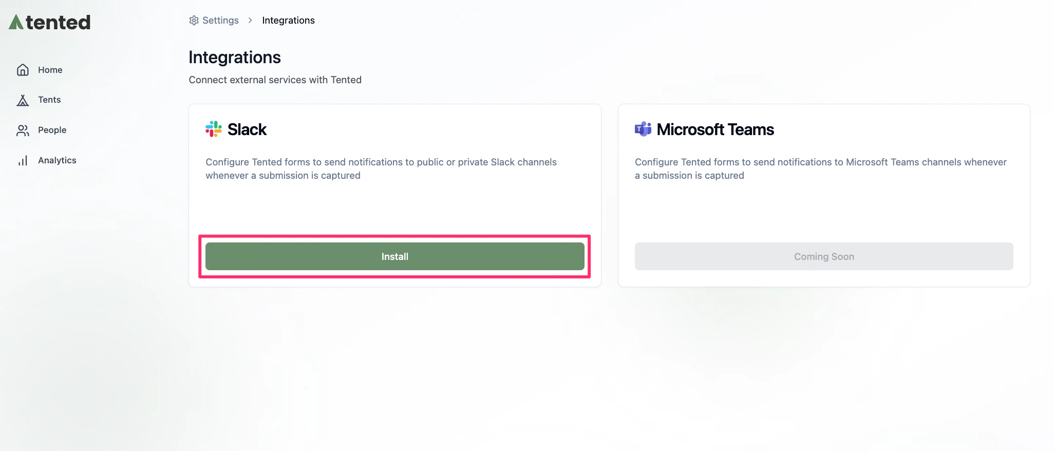 A screenshot of the Install button for Slack on the Integrations page.