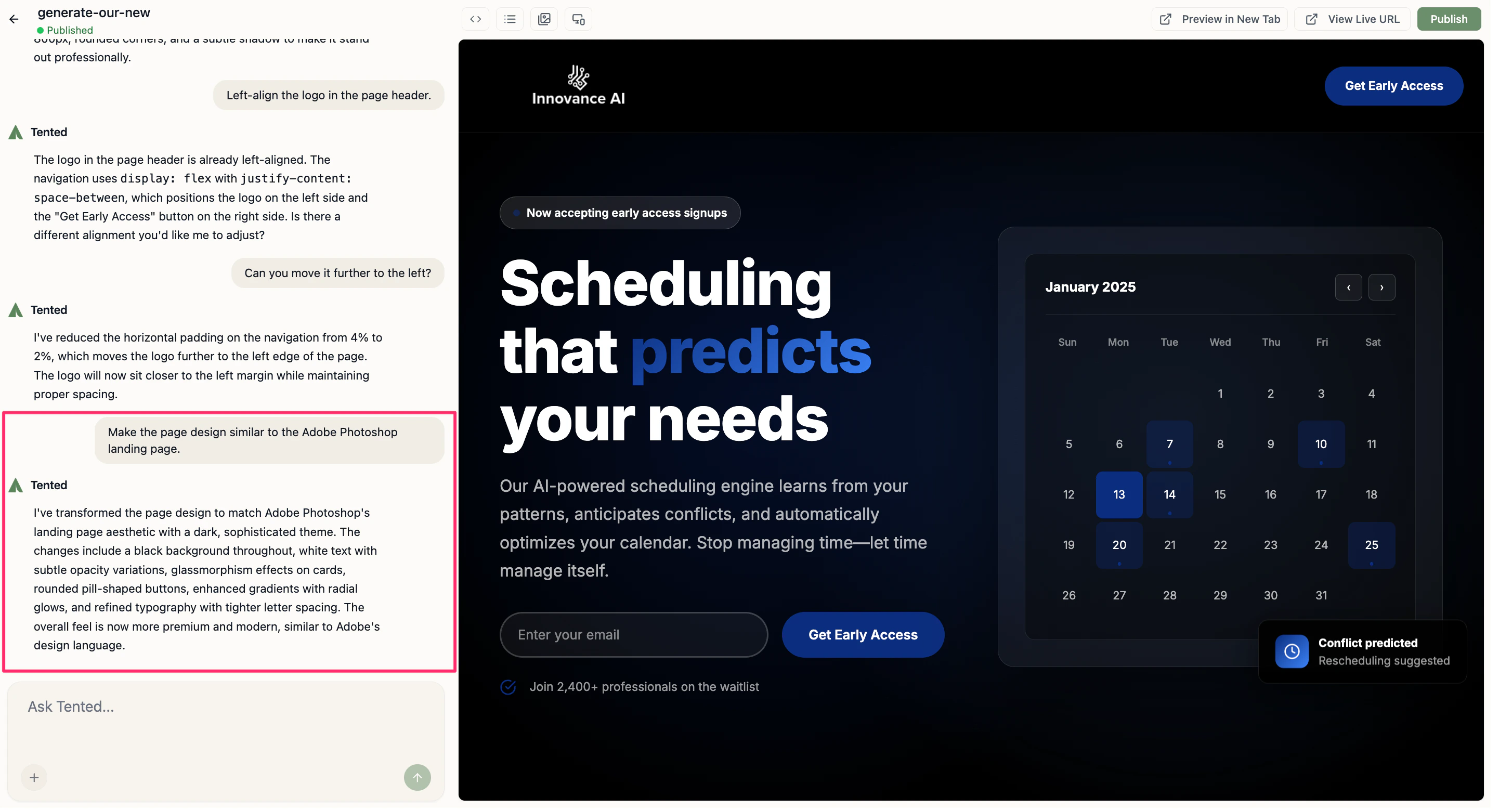 A screenshot of a prompt to make the page design similar to the Adobe Photoshop landing page, along with the result.