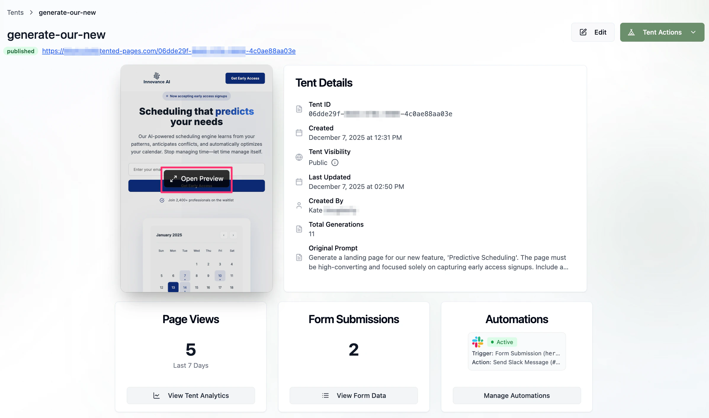 A screenshot of the tent details page with the Preview in New Tab button highlighted.