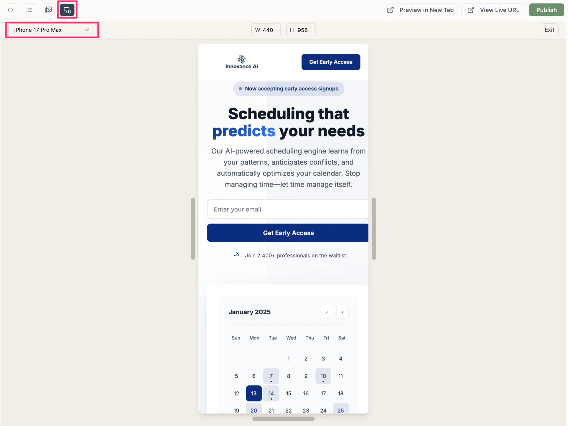 A screenshot of a mobile preview for a landing page about a feature called "Predictive Scheduling". The mobile preview icon and device switcher are highlighted.