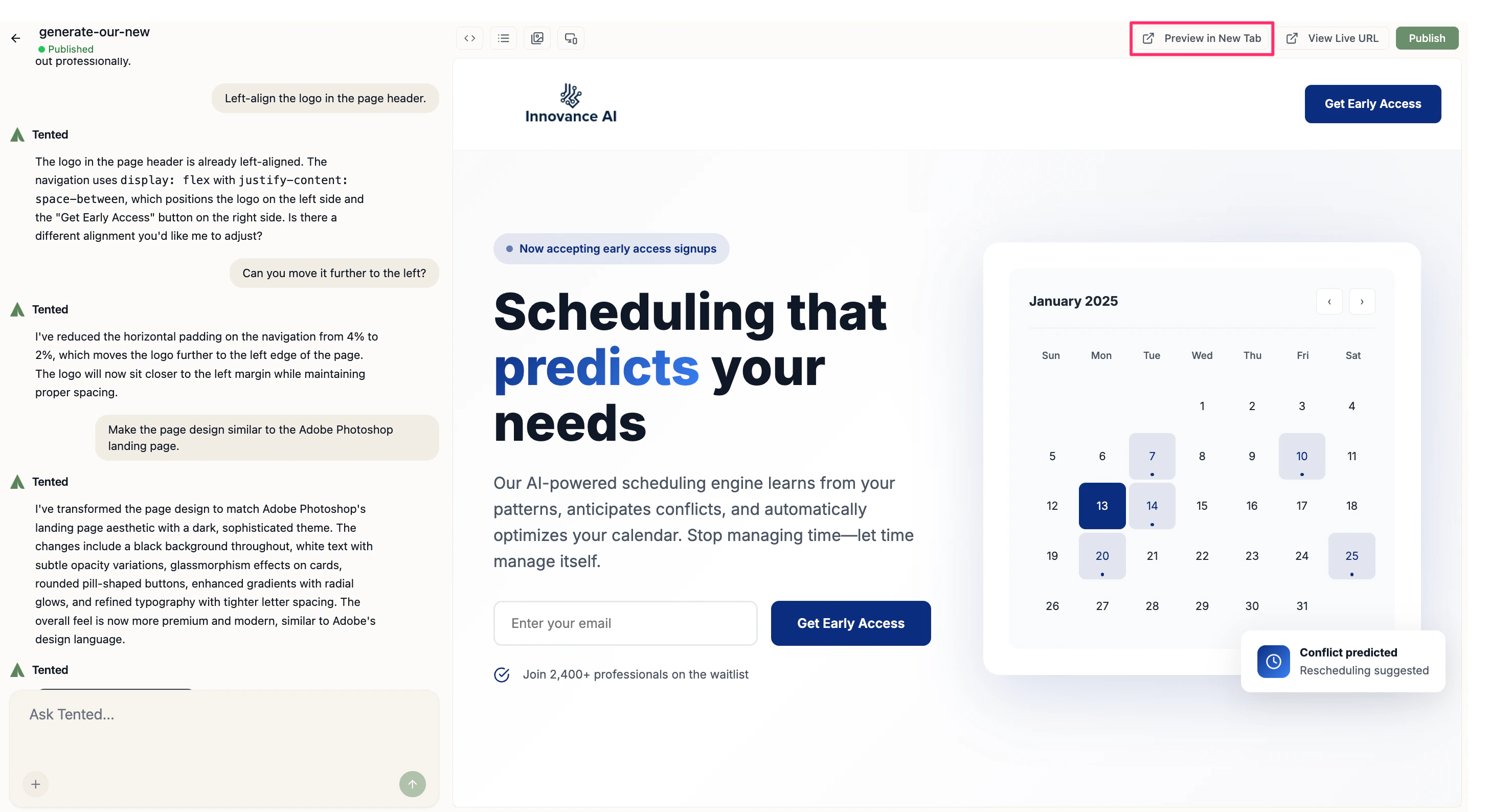 A screenshot of the tent editor with the Preview in New Tab button highlighted.