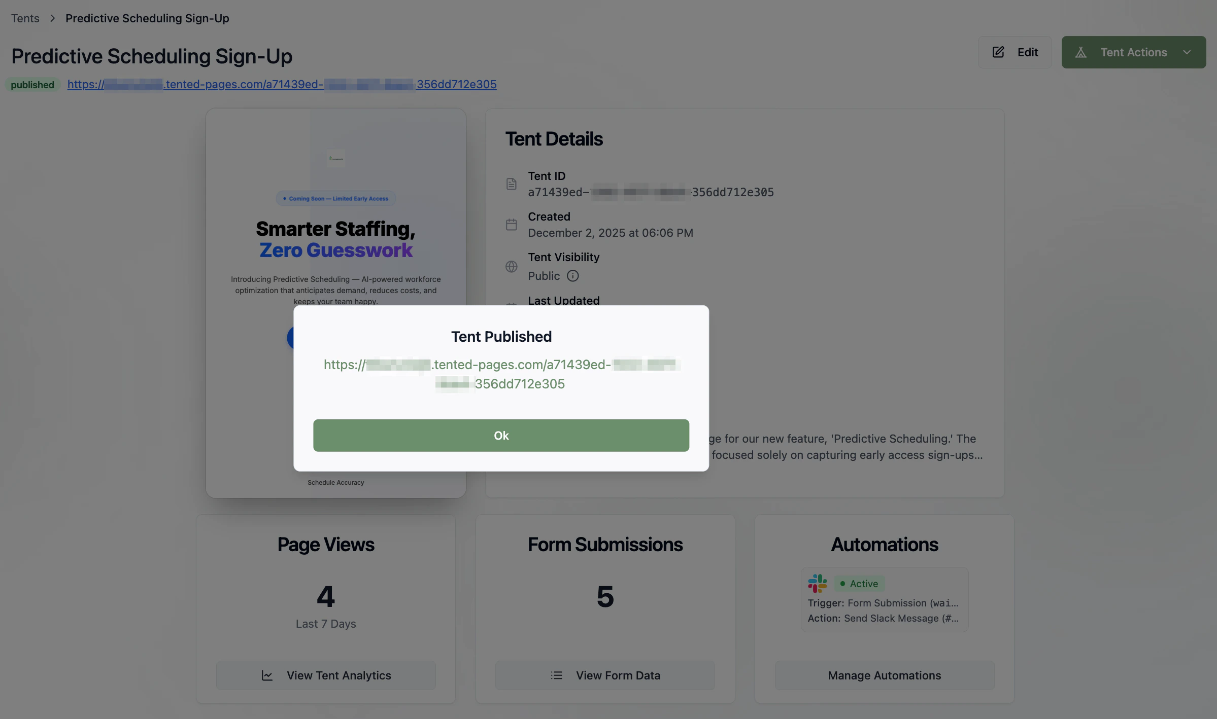 A screenshot of the Tent Details page with the Live URL and Ok button shown.