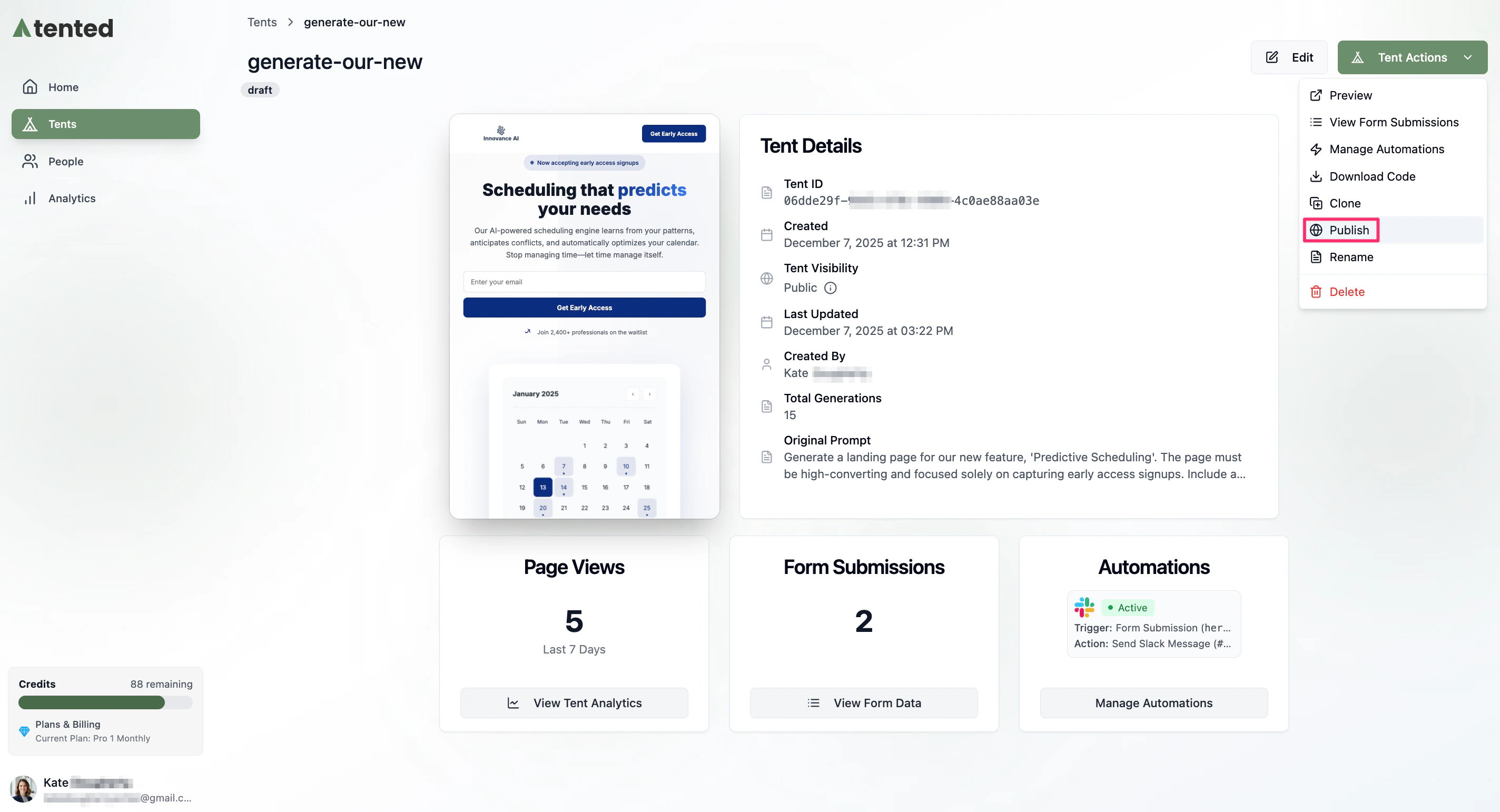 A screenshot of the Tent Details page with the Publish button highlighted.