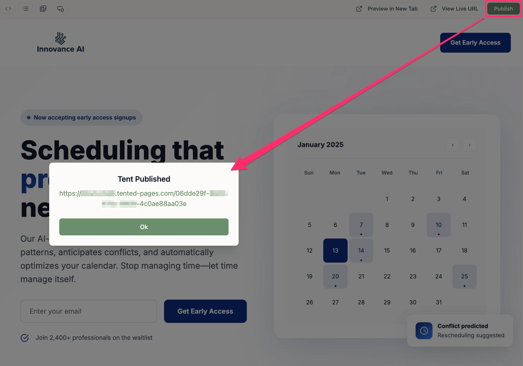 A screenshot of the confirmation that a tent was published.