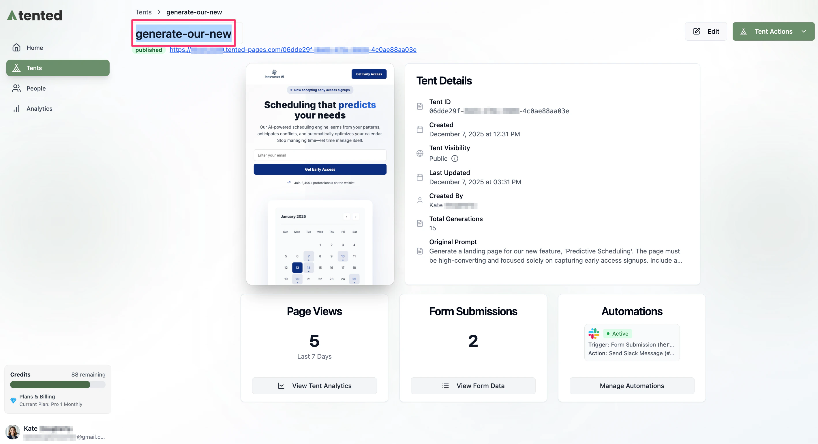 A screenshot of the Tent Details page with the editable tent name highlighted.
