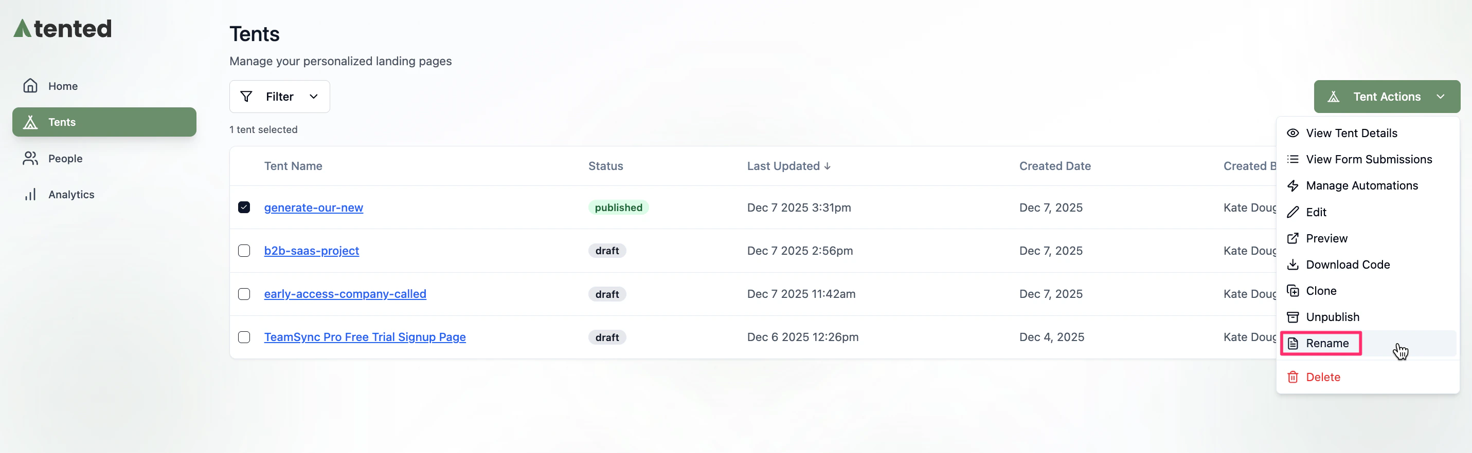 A screenshot of the Tents page with the Rename menu item highlighted.