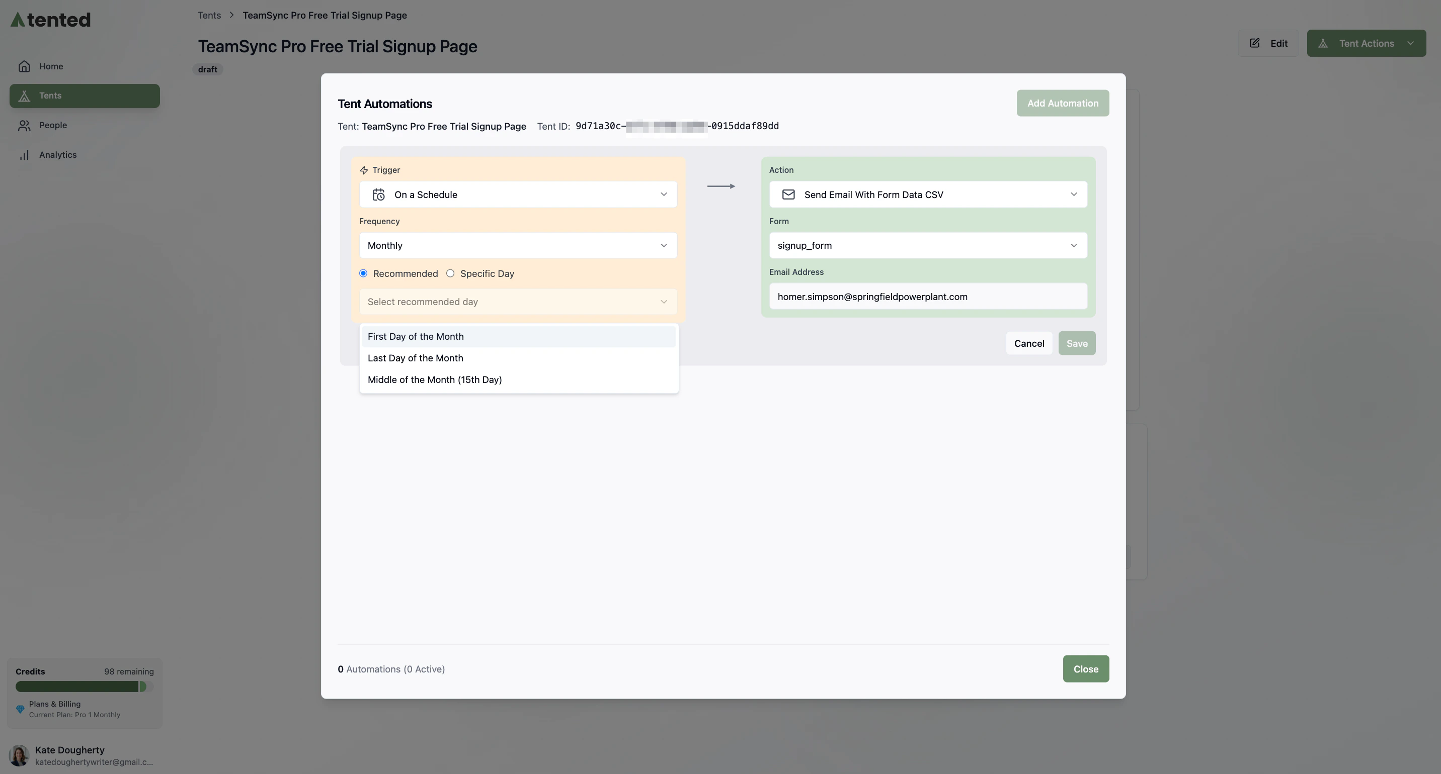 A screenshot of the Tent Automations window showing the options for setting up Monthly scheduled notifications in Slack.