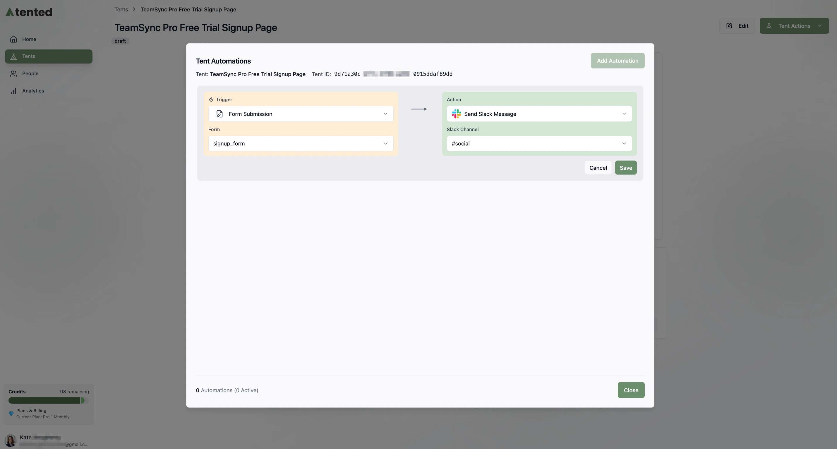 A screenshot of the Tent Automations window showing the options for setting up form submission notifications in Slack.