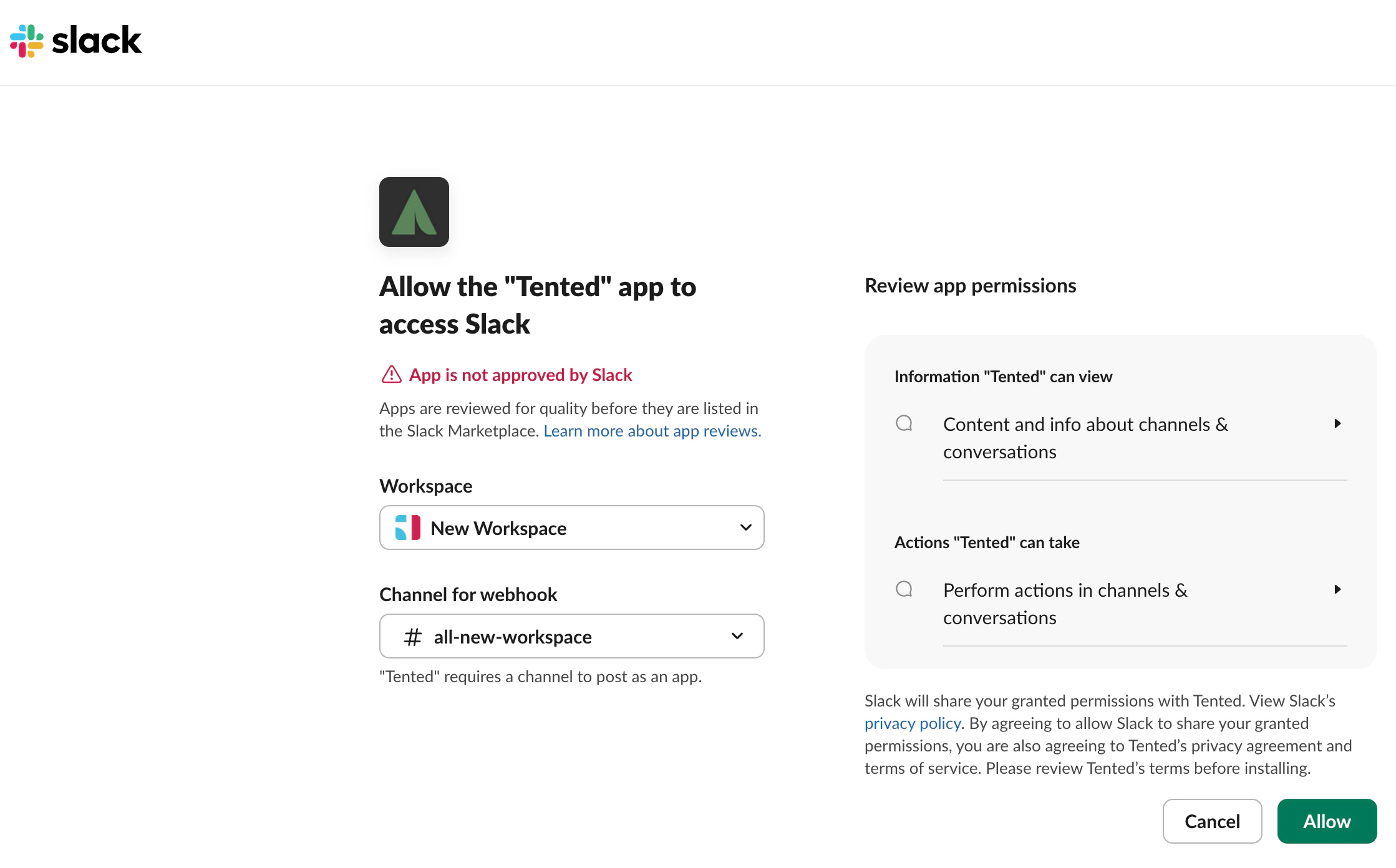 A screenshot of the Install button for Slack on the Integrations page.