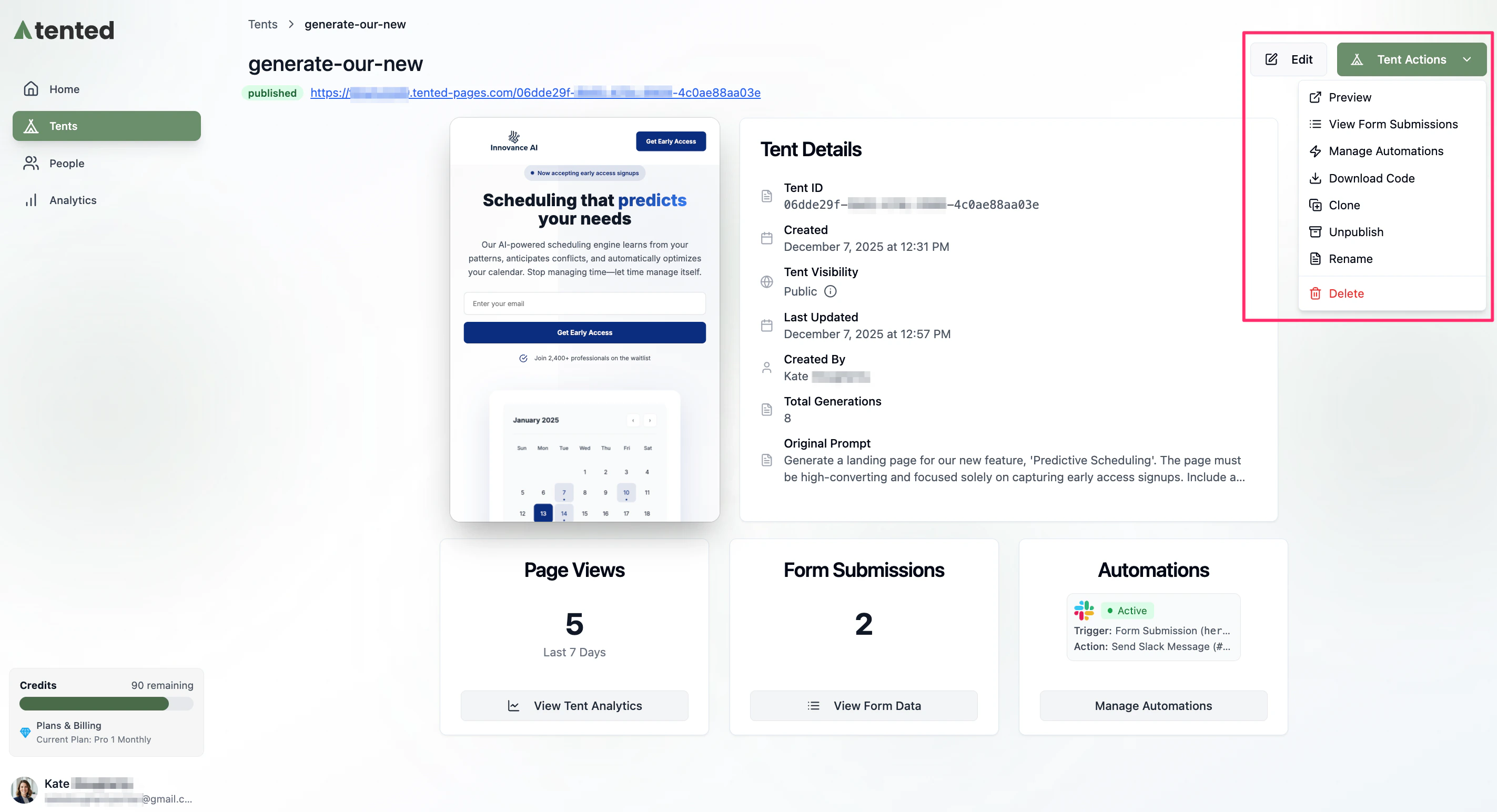 A screenshot of the Tent Details page.