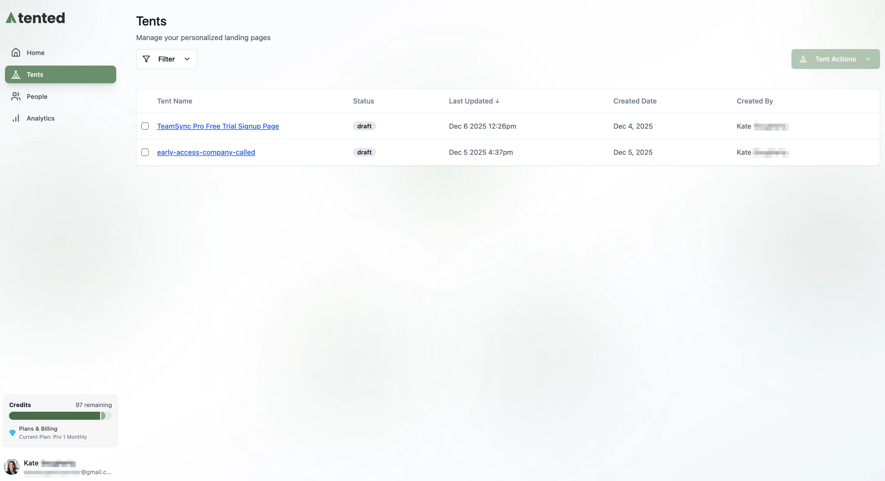 A screenshot of the Tents page.