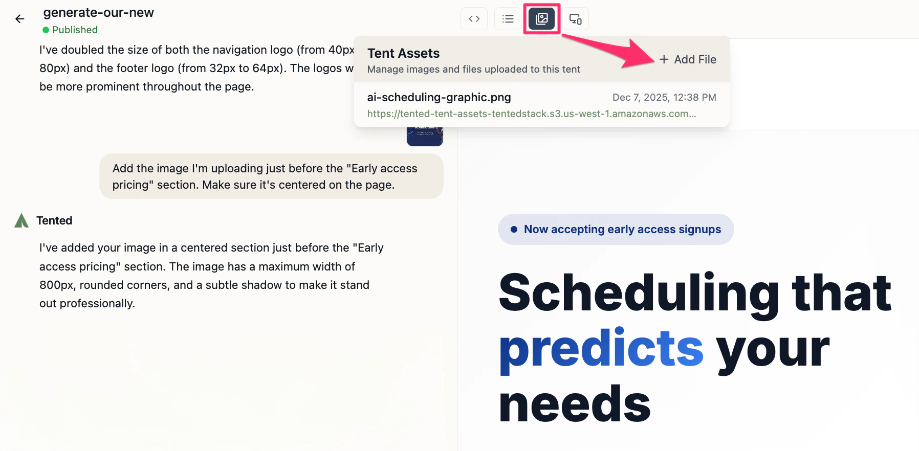 A screenshot of the Tent Assets window with an uploaded PDF file.