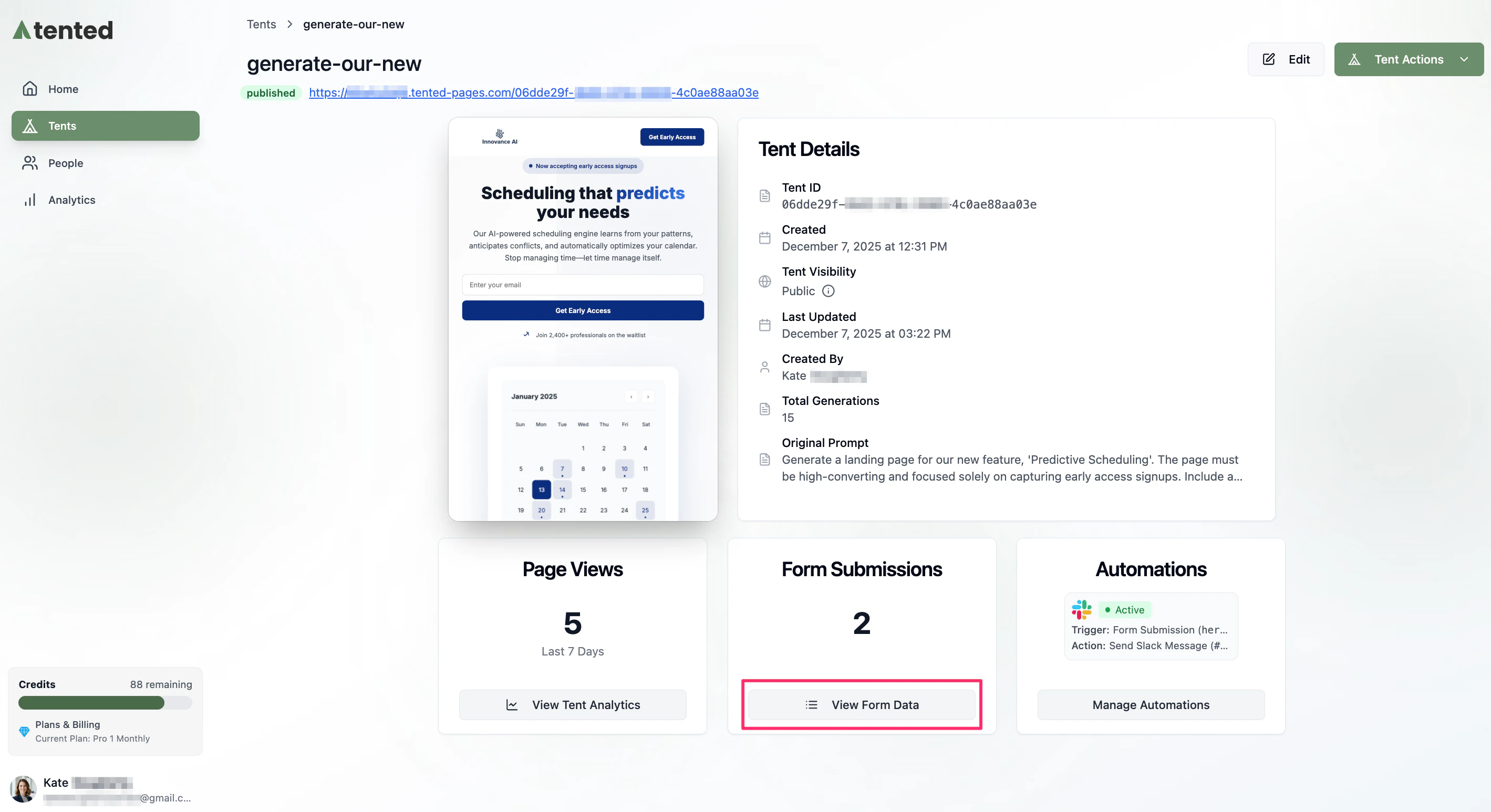 A screenshot of the Tent Details page with the View Form Data button highlighted.