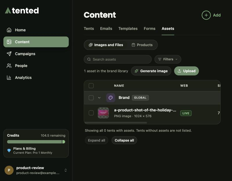The Assets page: the Images and Files view with the Brand group expanded, showing a generated image marked LIVE.