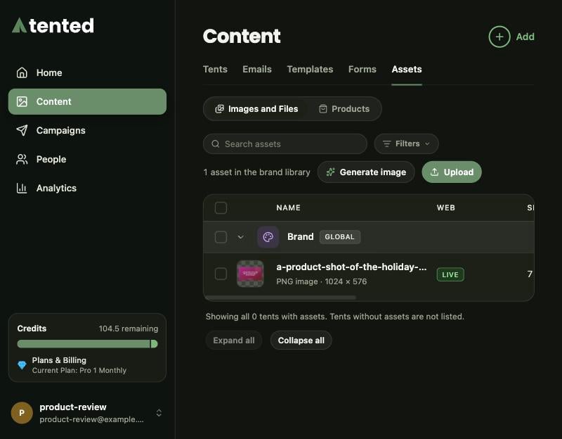 The Assets page: the Images and Files view with the Brand group expanded, showing a generated image marked LIVE.
