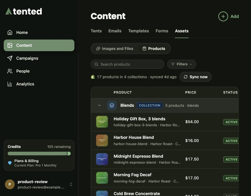 The Products view: collections as groups, each product with its thumbnail, price and status.