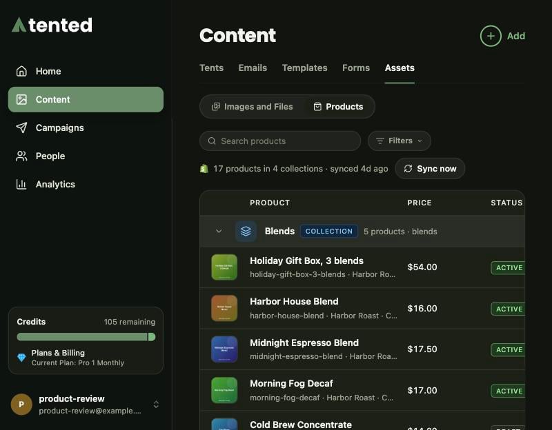 The Products view: collections as groups, each product with its thumbnail, price and status.