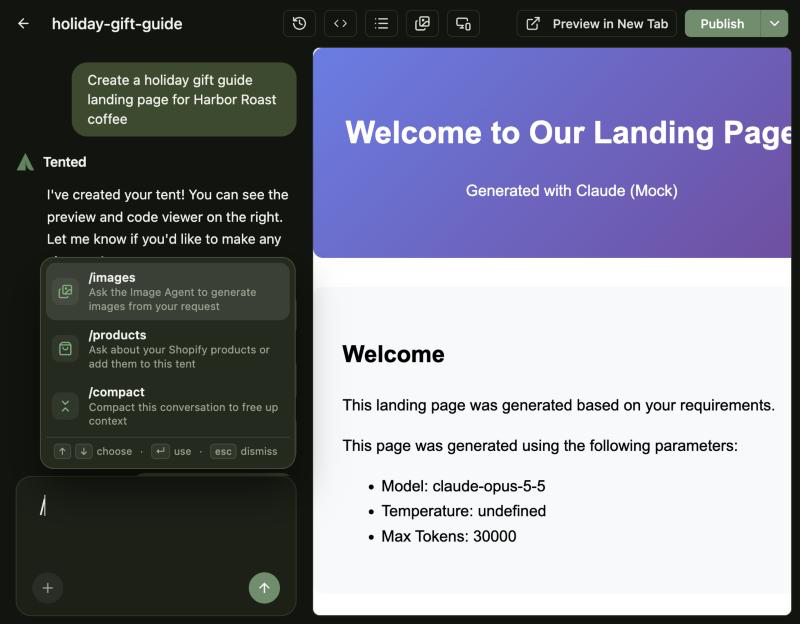 The command list above the chat box, offering /images, /products and /compact.