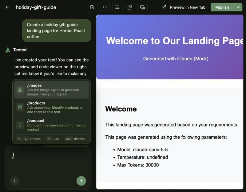 The command list above the chat box, offering /images, /products and /compact.