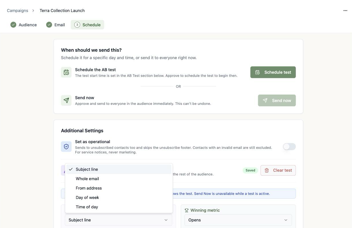 A screenshot of the What should we test dropdown open, listing Subject line, Whole email, From address, Day of week, and Time of day.