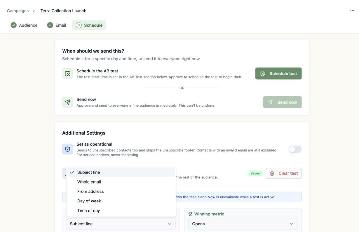 A screenshot of the What should we test dropdown open, listing Subject line, Whole email, From address, Day of week, and Time of day.