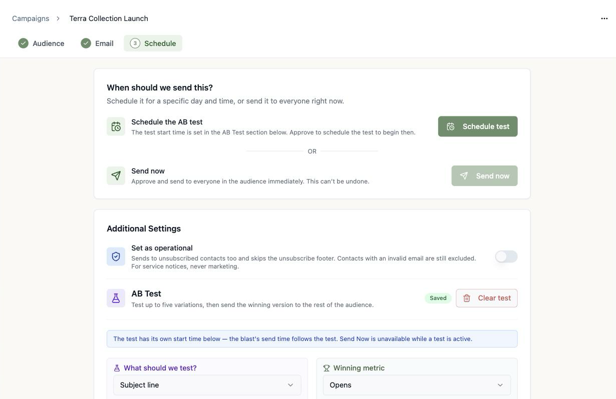 A screenshot of the Schedule step with a saved AB test, showing the Schedule the AB test card with a Schedule test button and the AB Test section marked Saved.