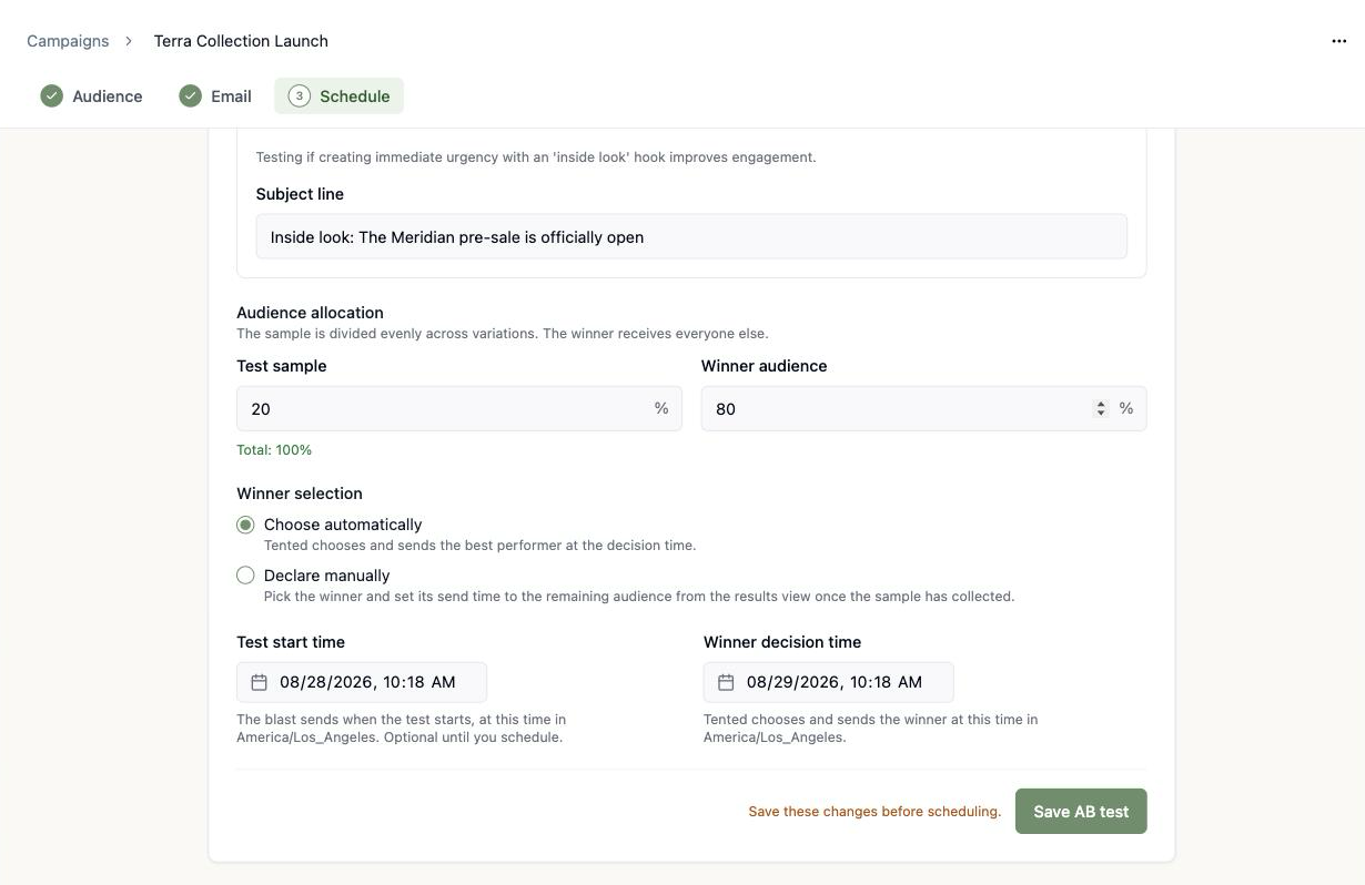 A screenshot of the bottom of the AB Test configurator with Winner selection radios, Test start time and Winner decision time pickers, and the Save AB test button.