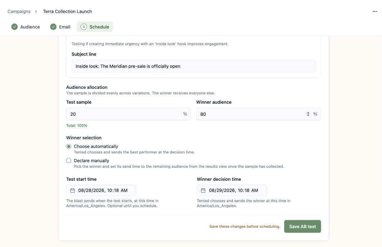 A screenshot of the bottom of the AB Test configurator with Winner selection radios, Test start time and Winner decision time pickers, and the Save AB test button.